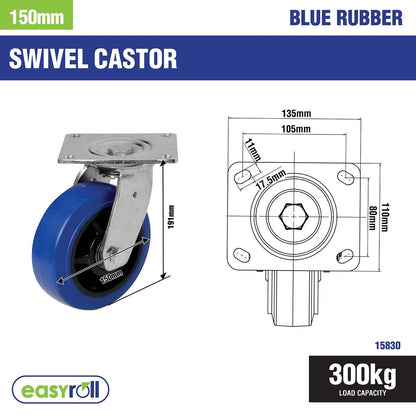 Easyroll 150mm Blue Elastic Rubber Heavy Duty Swivel Plate Castor
