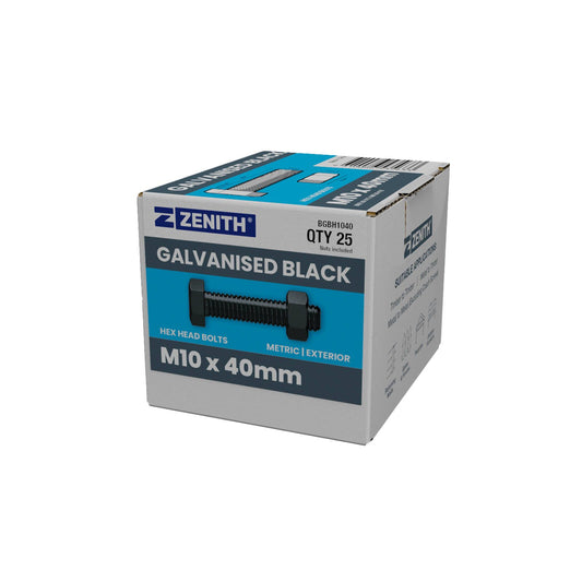 Zenith M10 x 40mm Hot Dipped Galvanised Black Hex Head Bolts & Nuts - 25 Pack