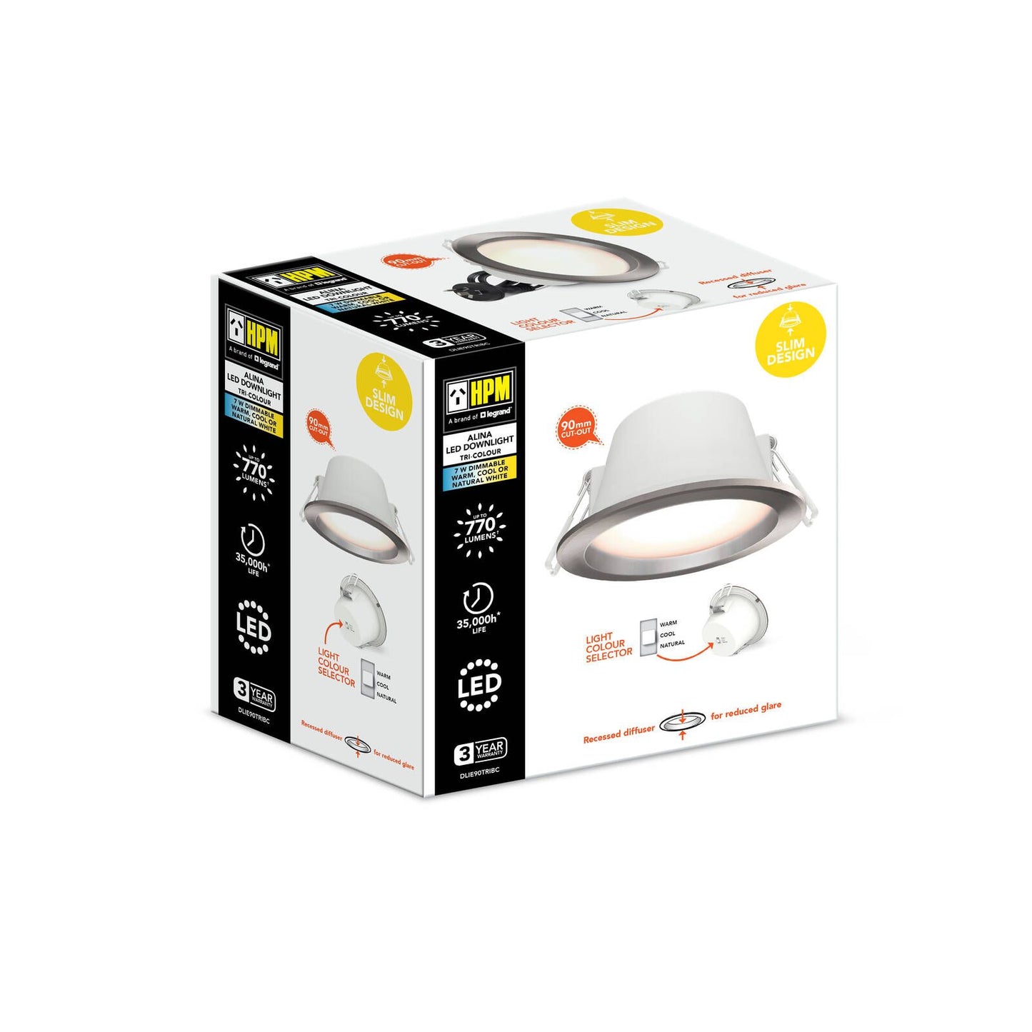 HPM Alina LED Downlight - 7W - 90mm - Brushed Chrome - Tri Colour