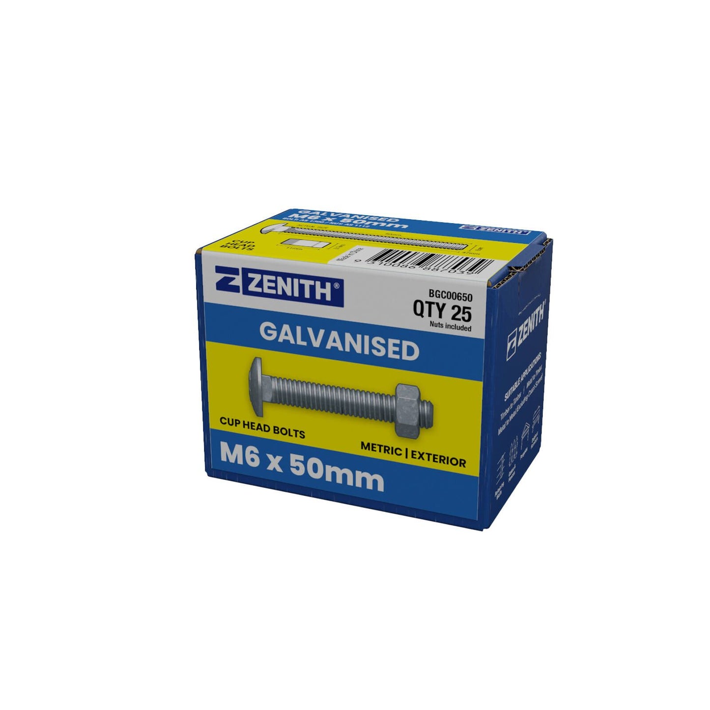 Zenith M6 x 50mm - Hot Dip Galvanised Cup Head Bolts & Nuts - 25 Pack