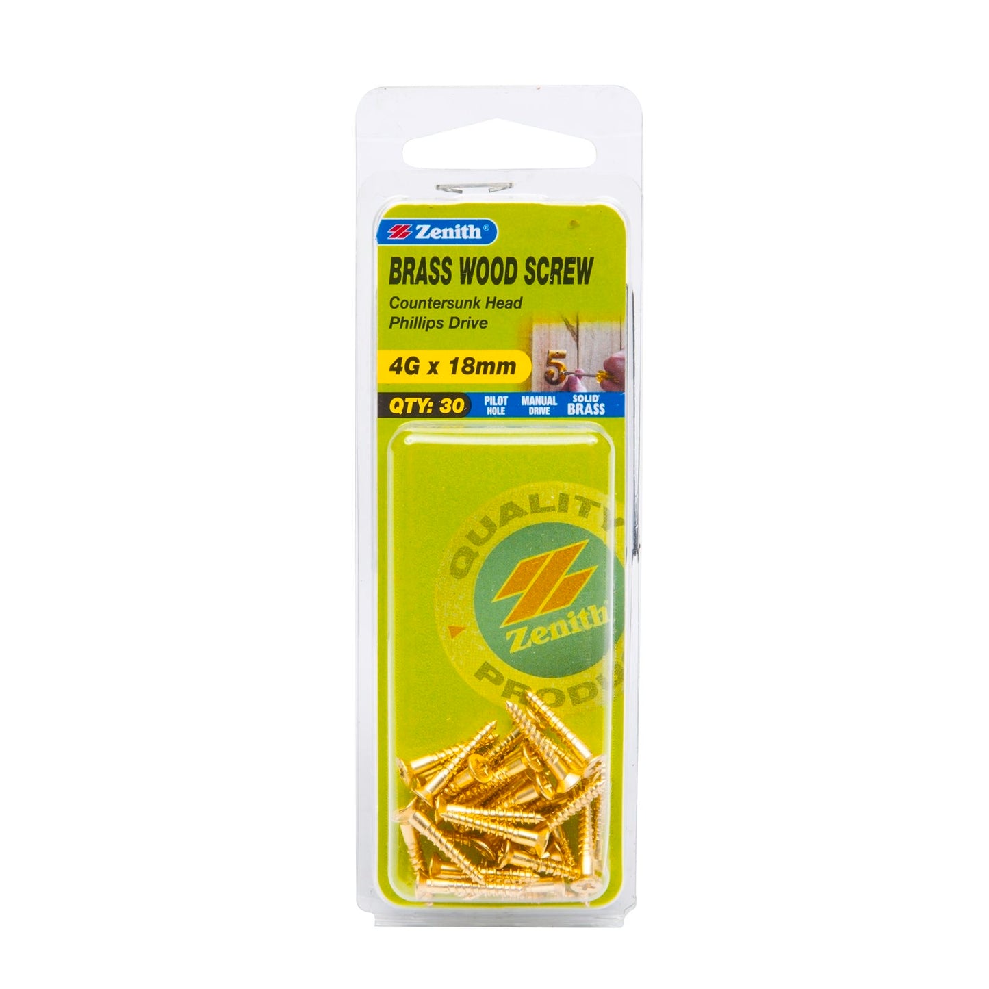 Zenith Wood Screws - 4g x 18mm - Brass - 30 Pack