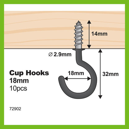 Everhang Cup Hook - 18mm - Steel - Light Duty - 10 Pack