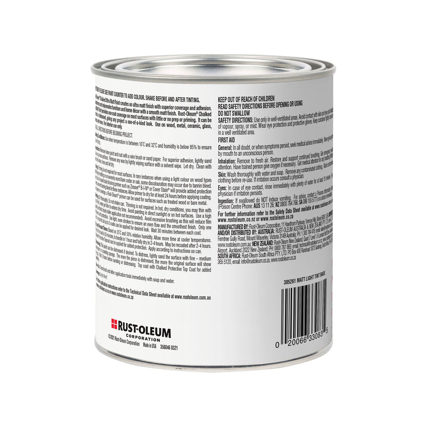 Rust Oleum Chalked Ultra Matt Paint - 887ml - Light Tint Base