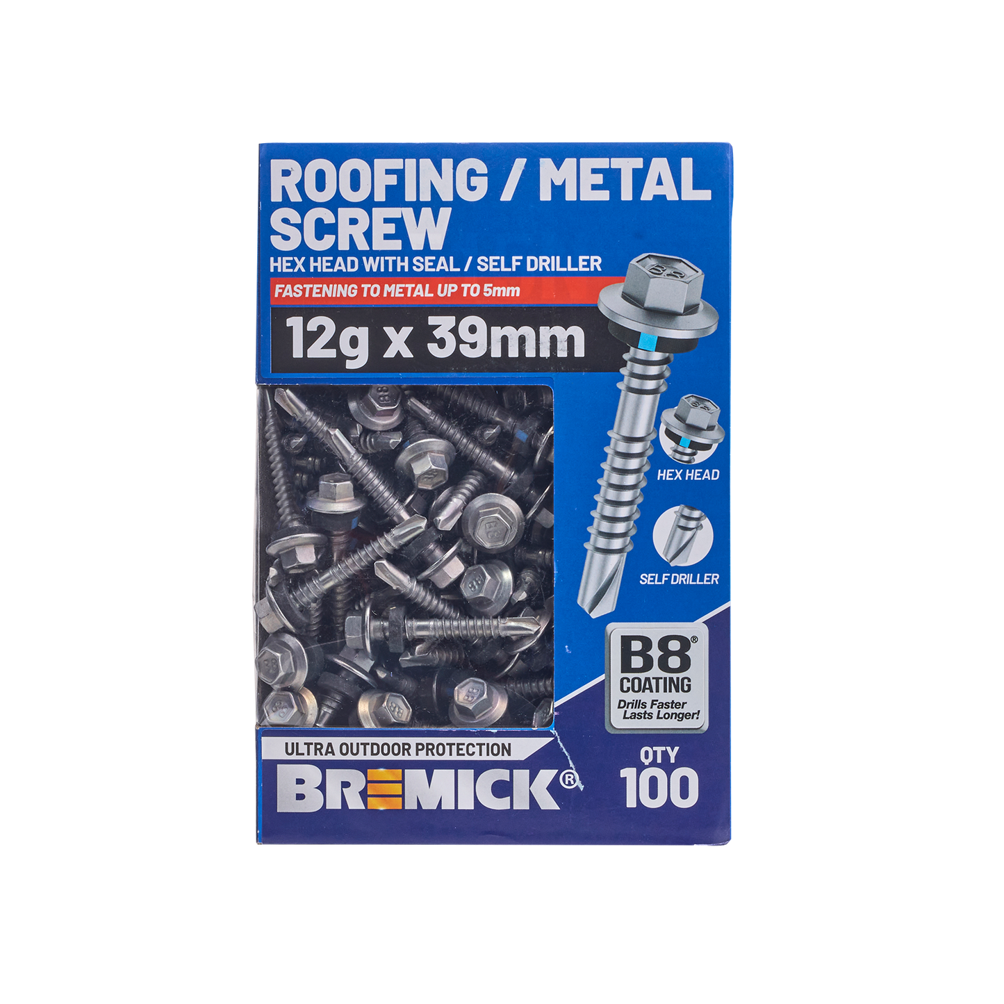 Bremick Hex Roofing Screw - 12g x 39mm - B8 - 100 Pack