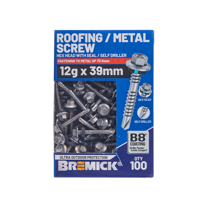 Bremick Hex Roofing Screw - 12g x 39mm - B8 - 100 Pack