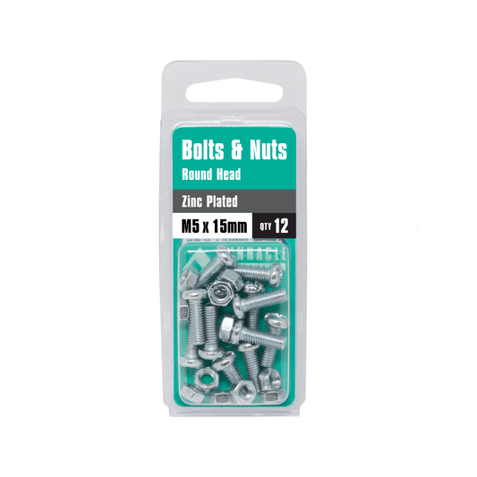 Pinnacle Zinc Plated Round Head Bolts & Nuts M5 x 15mm 12 Pack