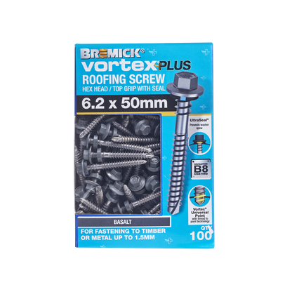 Bremick Vortex Plus Roofing Screw - 6.2 x 50mm - Hex - 100 Pack