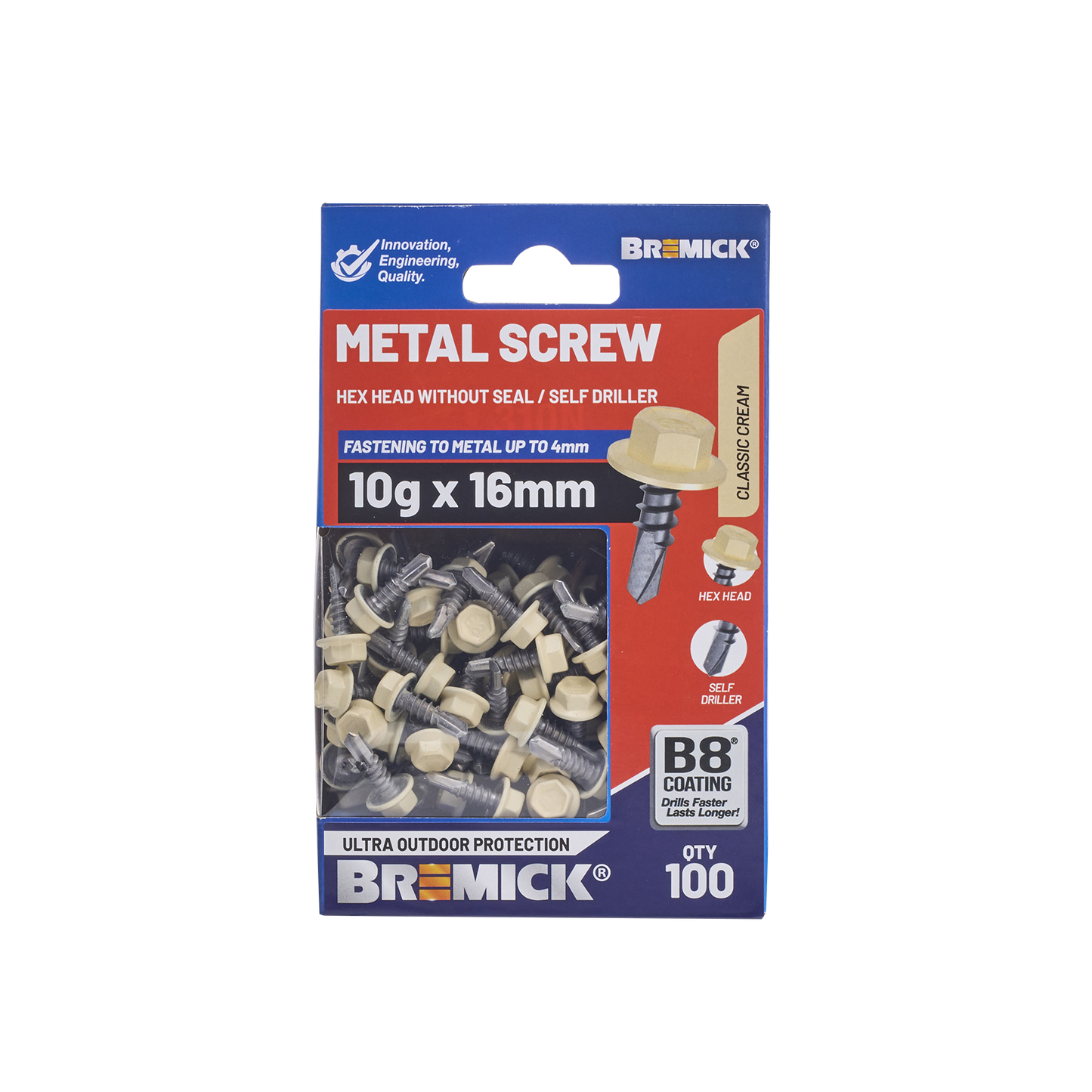 Bremick Metal Hex Screw - 10g x 16mm - B8 - 100 Pack