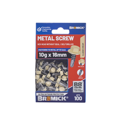 Bremick Metal Hex Screw - 10g x 16mm - B8 - 100 Pack