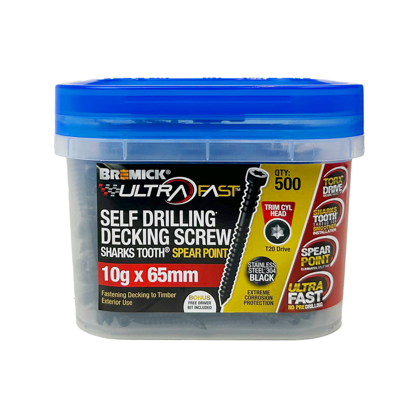 Bremick Ultrafast Decking Screw - 10g x 65mm - Black - SS304 - T20 - 500 Pack