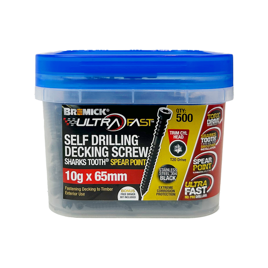 Bremick Ultrafast Decking Screw - 10g x 65mm - Black - SS304 - T20 - 500 Pack