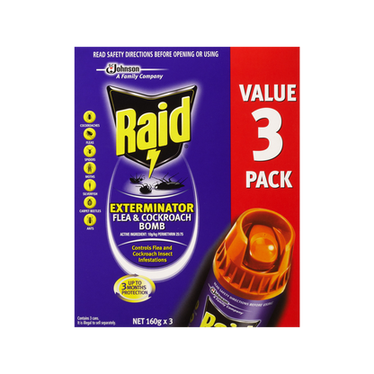 Raid Exterminator Flea and Cockroach Bomb - 160g x 3 Pack