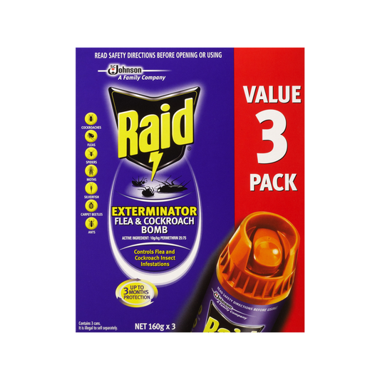 Raid Exterminator Flea and Cockroach Bomb - 160g x 3 Pack