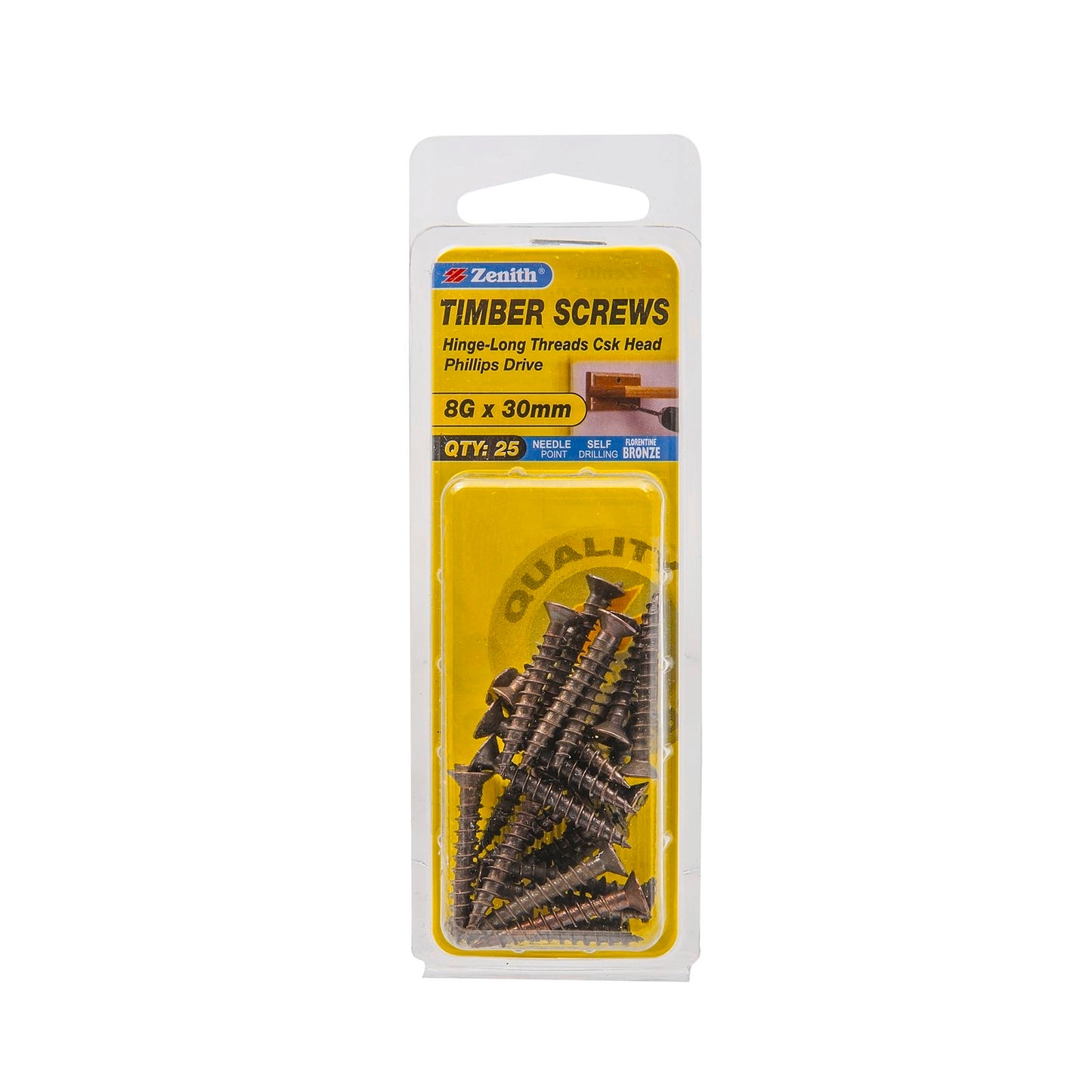 Zenith Countersunk Head Timber Screws - 8g x 30mm - Florentine Bronze - 25 Pack
