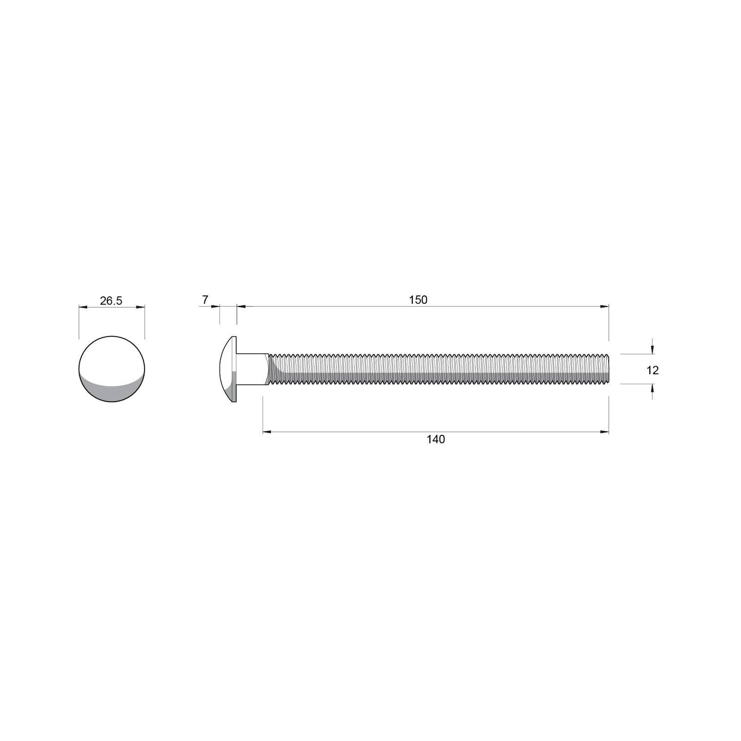 Zenith M12 x 150mm - Stainless Steel 304 Cup Head Bolts & Nuts
