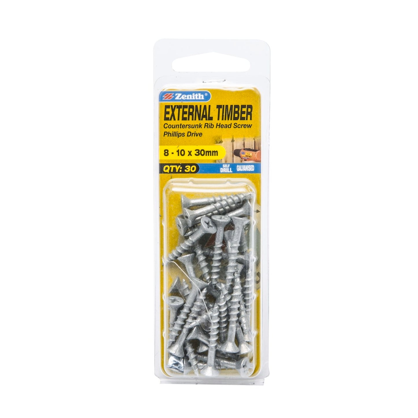 Zenith Timber Screws - 10 x 30mm - Galvanised Rib Head - 30 Pack