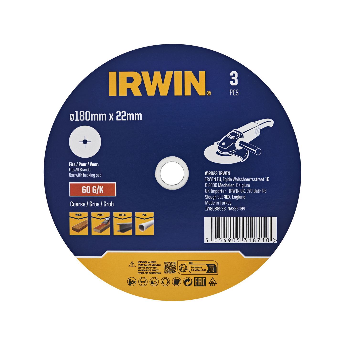 Irwin Fibre Disc - 180 x 22mm - 60 Grit - 3 Pack