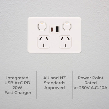 Deta S Line Double Power Point with USB A+C - 45 x 74 x 115mm