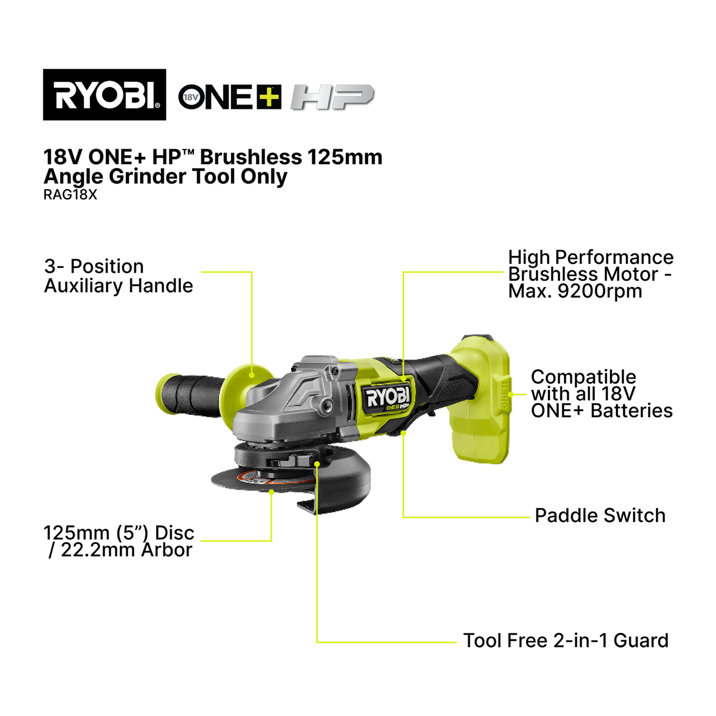 Ryobi HP Brushless Angle Grinder - RAG18X - 18V One+ - 125mm - Tool Only