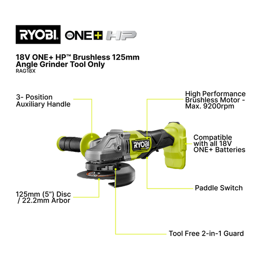 Ryobi HP Brushless Angle Grinder - RAG18X - 18V One+ - 125mm - Tool Only