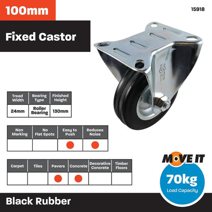 Move It 100mm Black Rubber Fixed Plate Castor 70kg Load Capacity