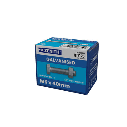 Zenith M6 x 40mm - Hot Dip Galvanised Hex Head Bolts & Nuts - 25 Pack