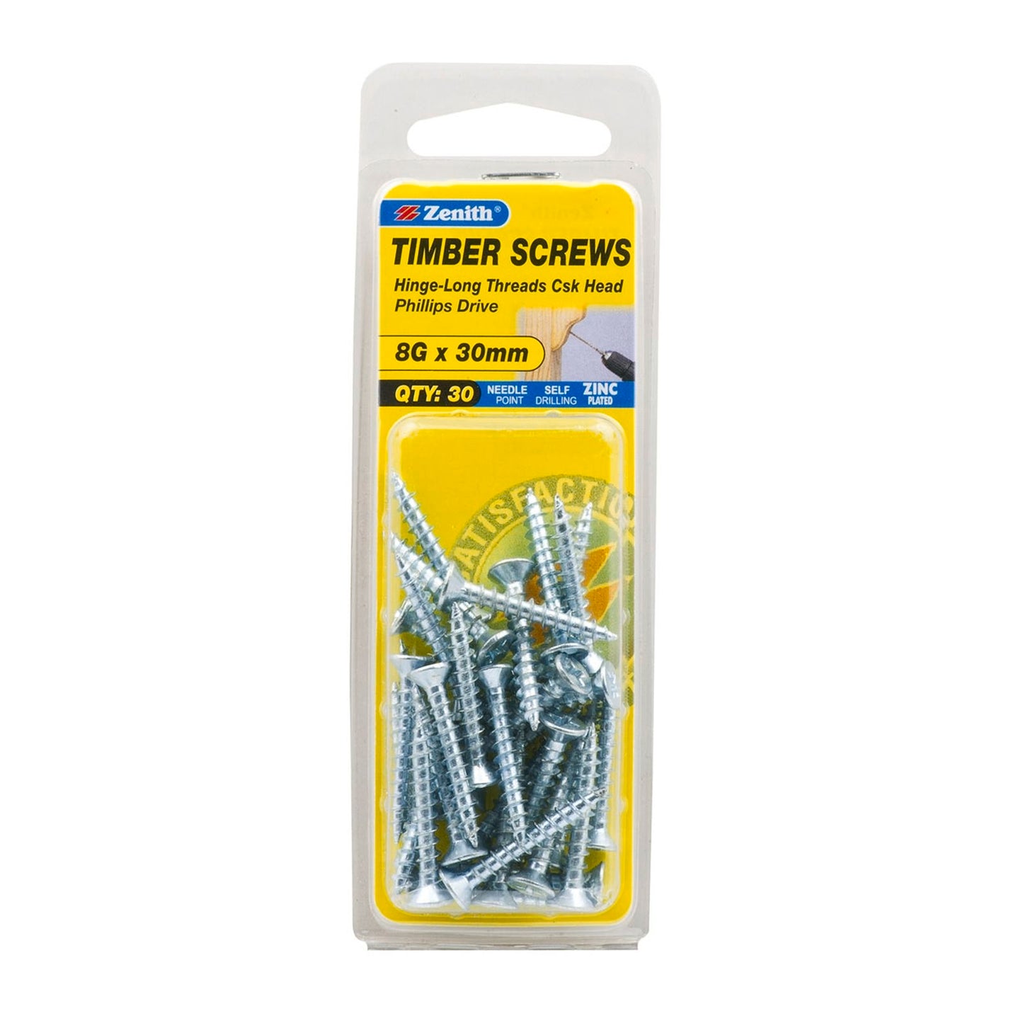 Zenith Timber Screws - 8g x 30mm - Zinc - 30 Pack