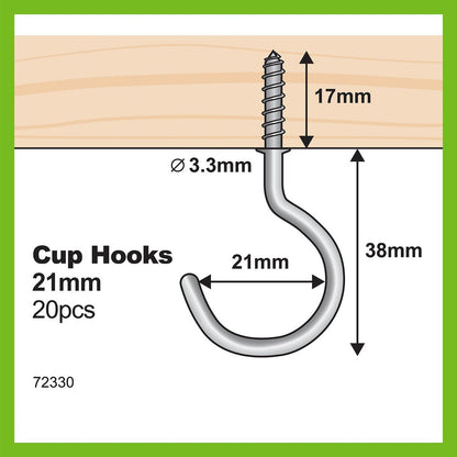 Everhang Cup Hooks - 21mm - Zinc Plated - 20 Pack - Easy to Install