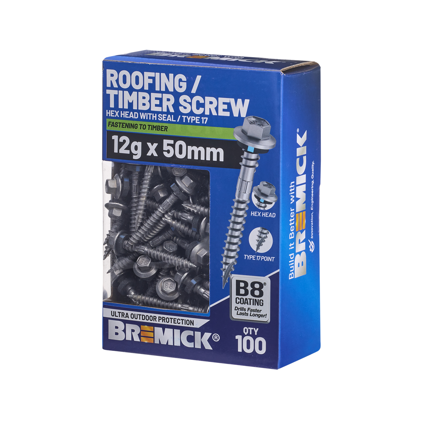 Bremick Hex Roofing Screw - 12g x 50mm - B8 - 100 Pack