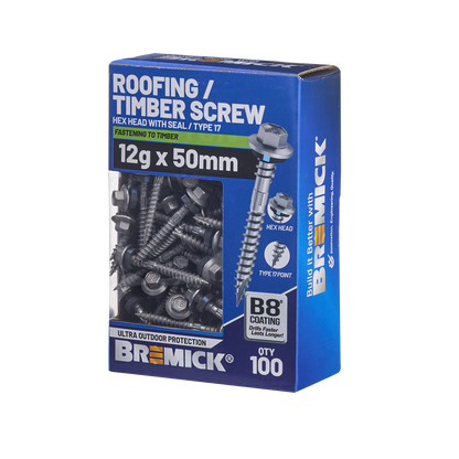 Bremick Hex Roofing Screw - 12g x 50mm - B8 - 100 Pack