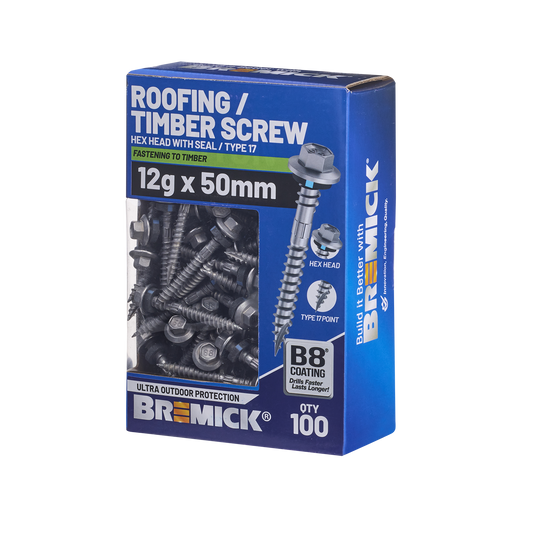 Bremick Hex Roofing Screw - 12g x 50mm - B8 - 100 Pack