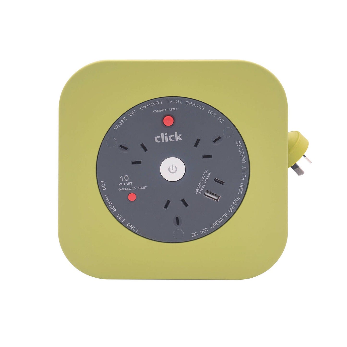 Click Square Cable Reel with USB Charger - 10m - 3 Outlets