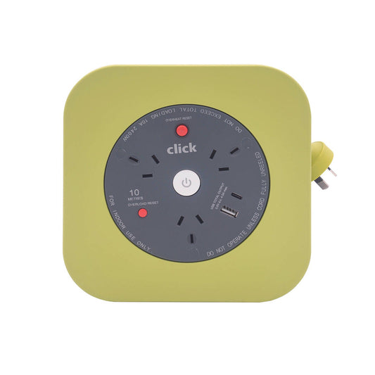 Click 3 Outlets 10m Square Cable Reel with USB Charger Green