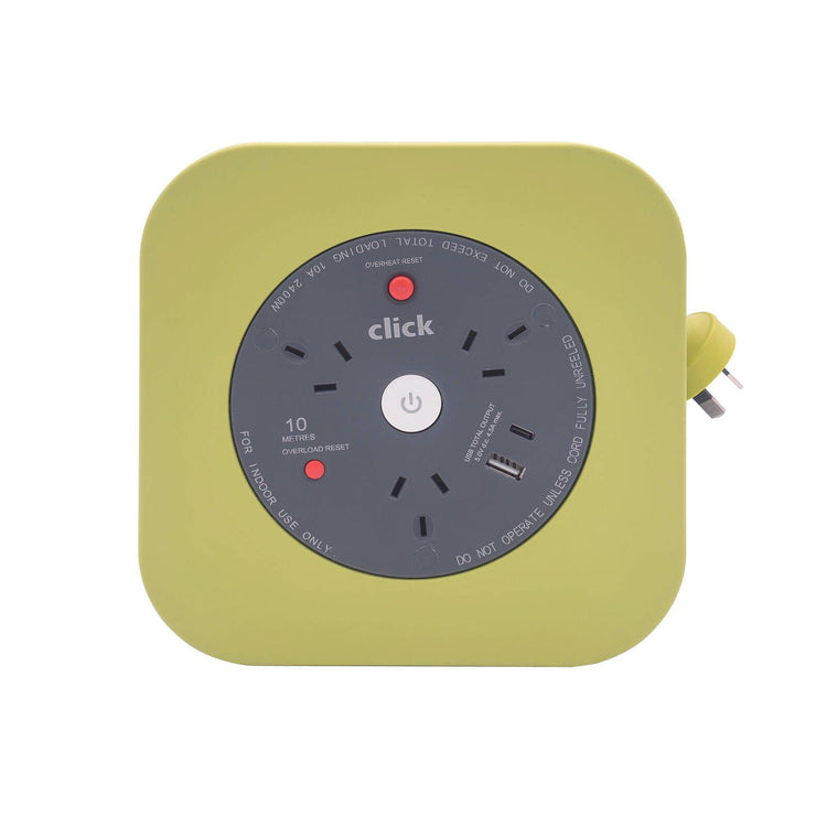 Click 3 Outlets 10m Square Cable Reel with USB Charger Green