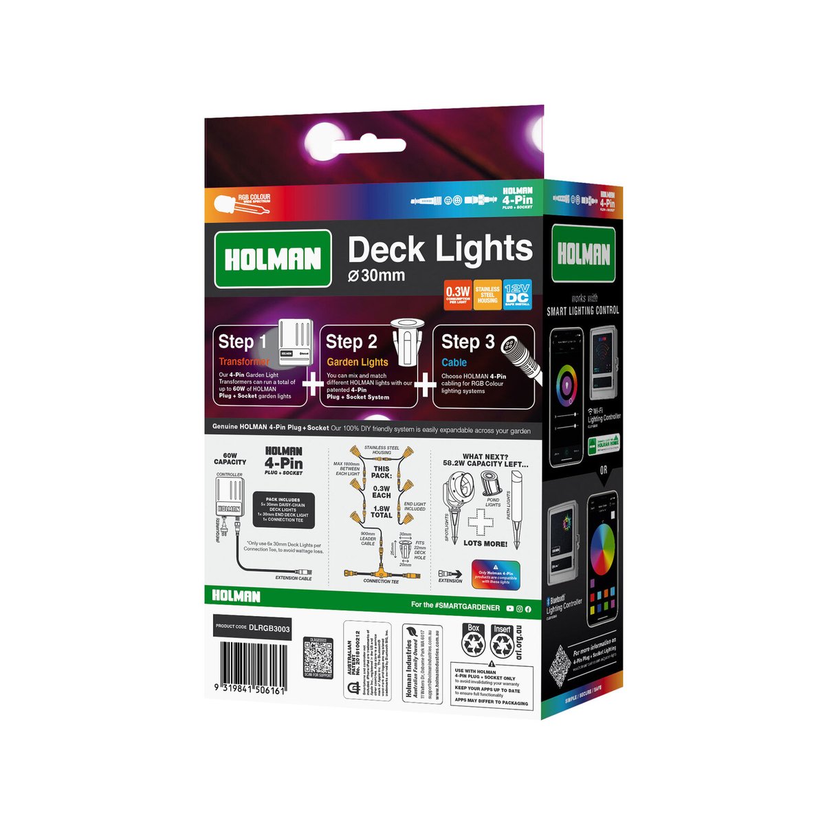 Holman RGB Colour Deck Light 30mm Stainless Steel 6 Pack Waterproof