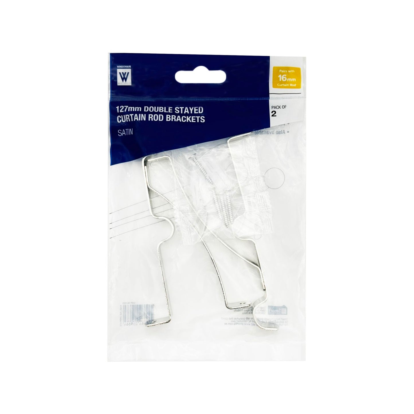 Windoware Satin Double Stayed Curtain Rod Bracket - 127mm - 2 Pack