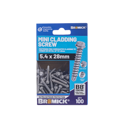 Bremick Mini Cladding Screw - 5.4 x 28mm - Hex B8 - 100 Pack