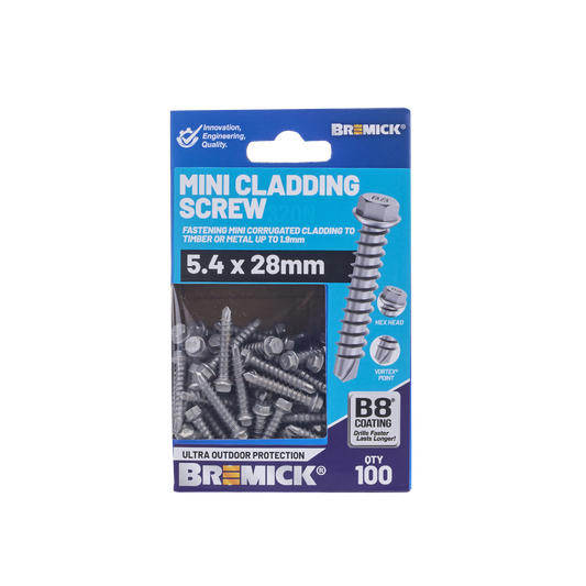 Bremick Mini Cladding Screw - 5.4 x 28mm - Hex B8 - 100 Pack