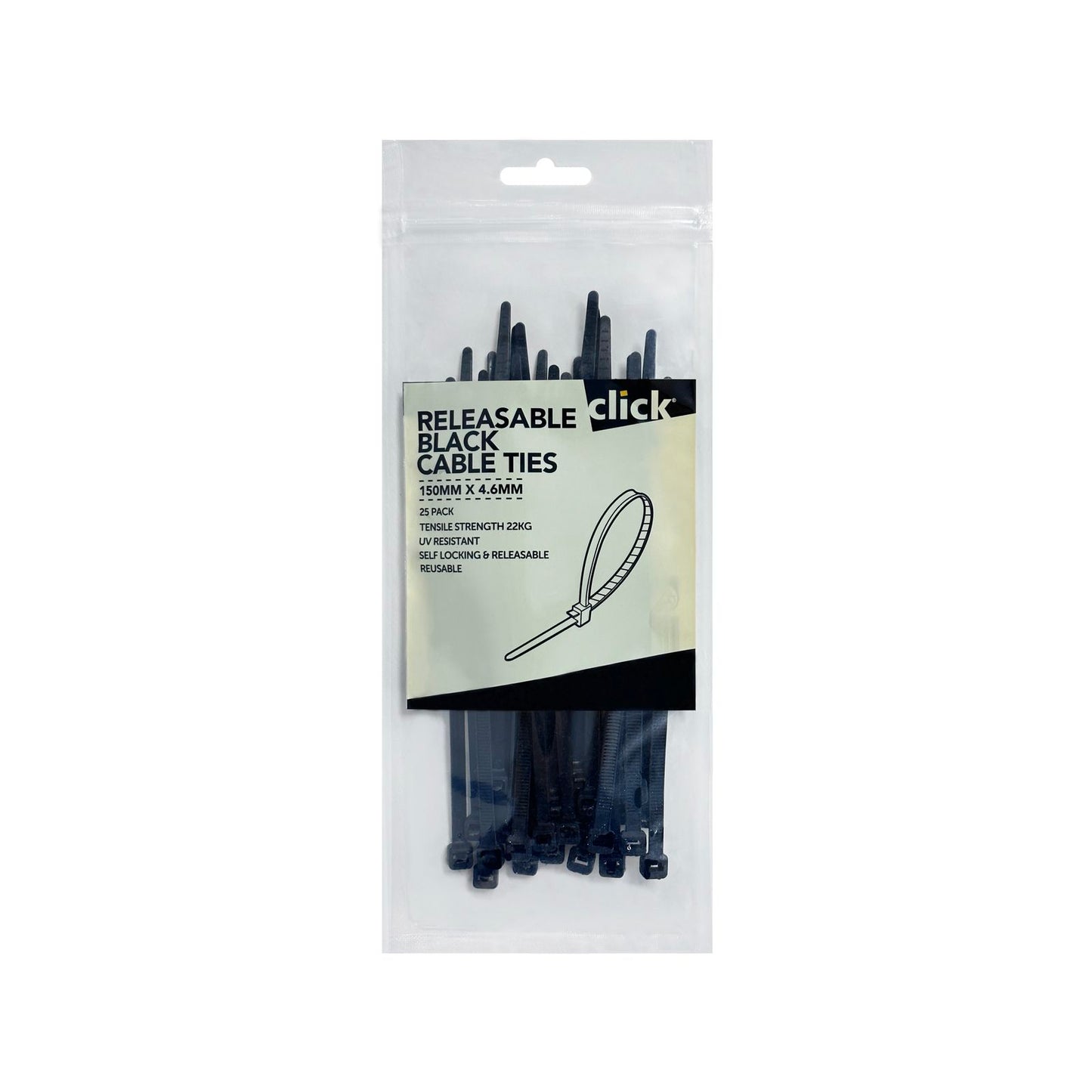 Click Releasable Cable Tie - 100mm - 25 Pack - Black