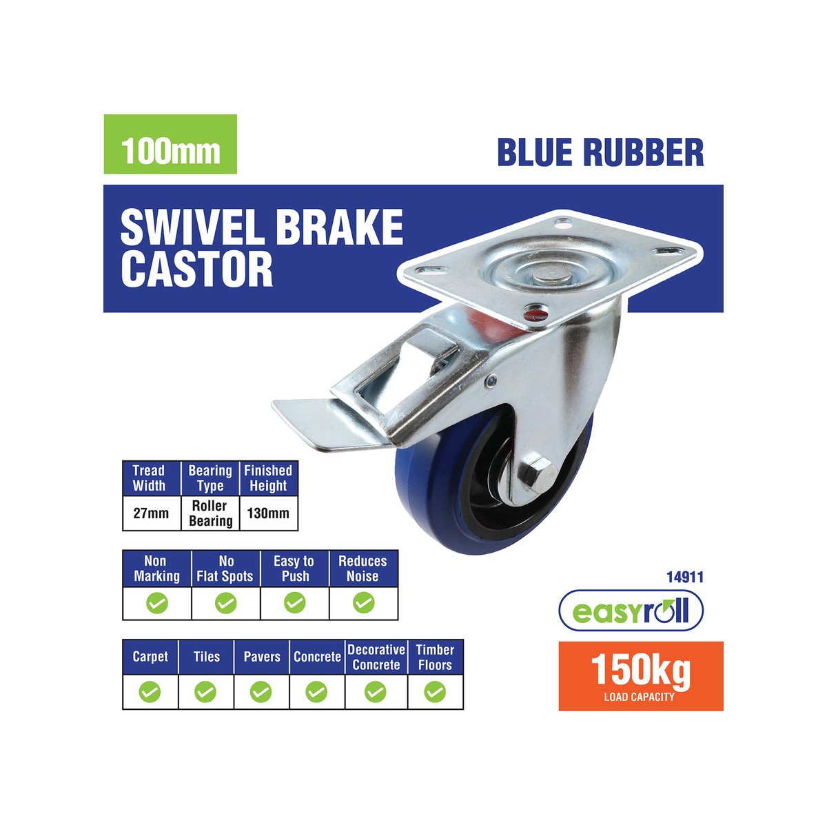 Easyroll Swivel Brake Castor - 100mm - Blue - Rubber - 150kg Load