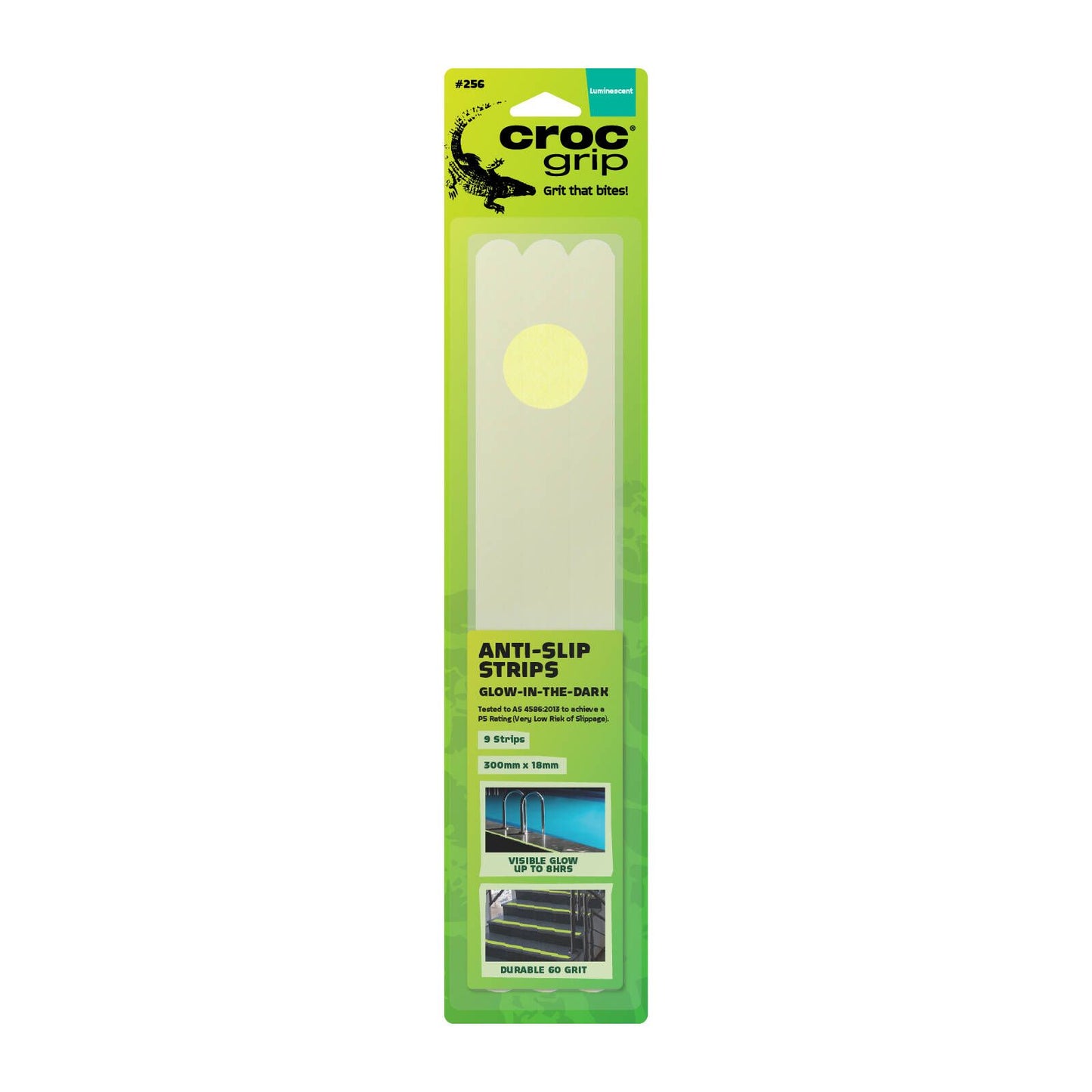 Croc Grip Glow-in-the-Dark Anti-Slip Grit Strips - 300mm x 18mm - 9 Pack