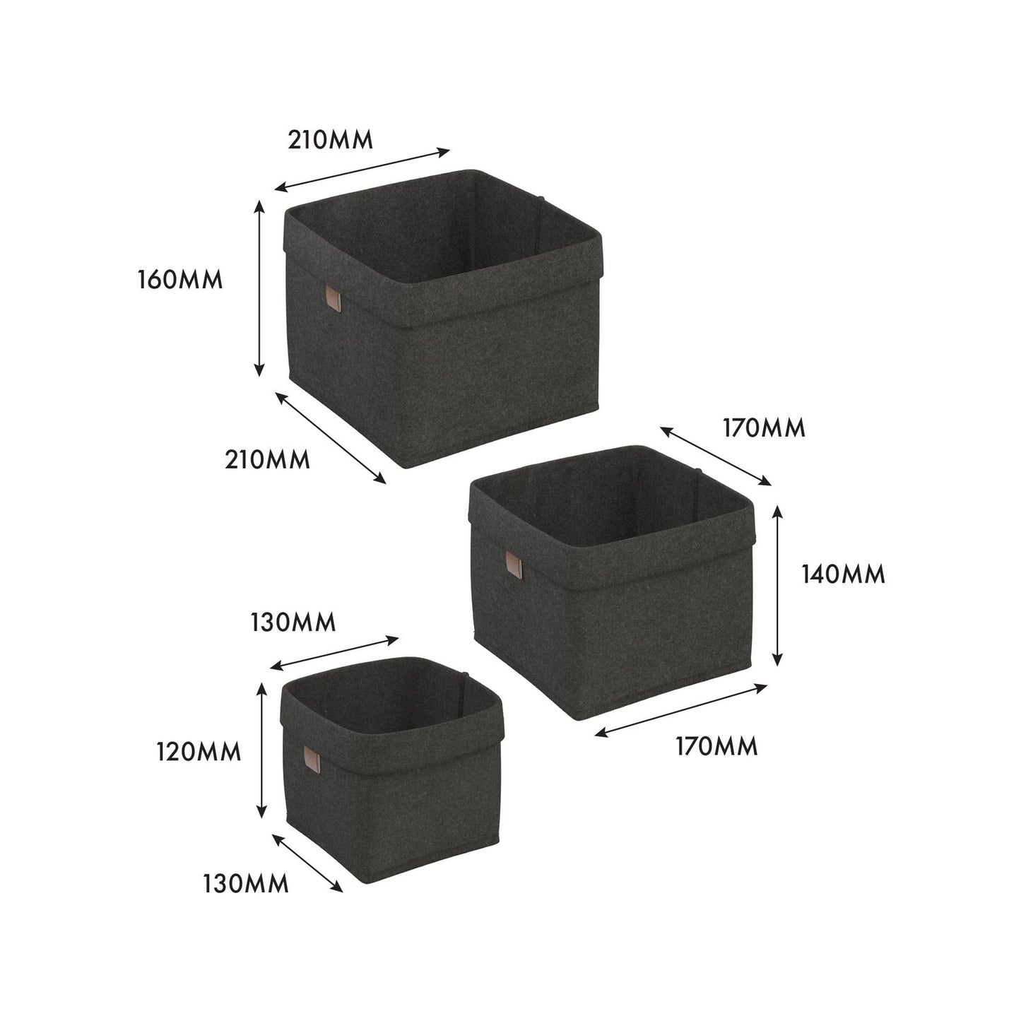 Flexi Storage Living Dark Grey Square Felt Baskets - Set of 3 - 210 x 160mm
