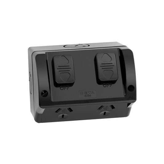Deta Black IP54 Weatherproof Outdoor Double Power Point