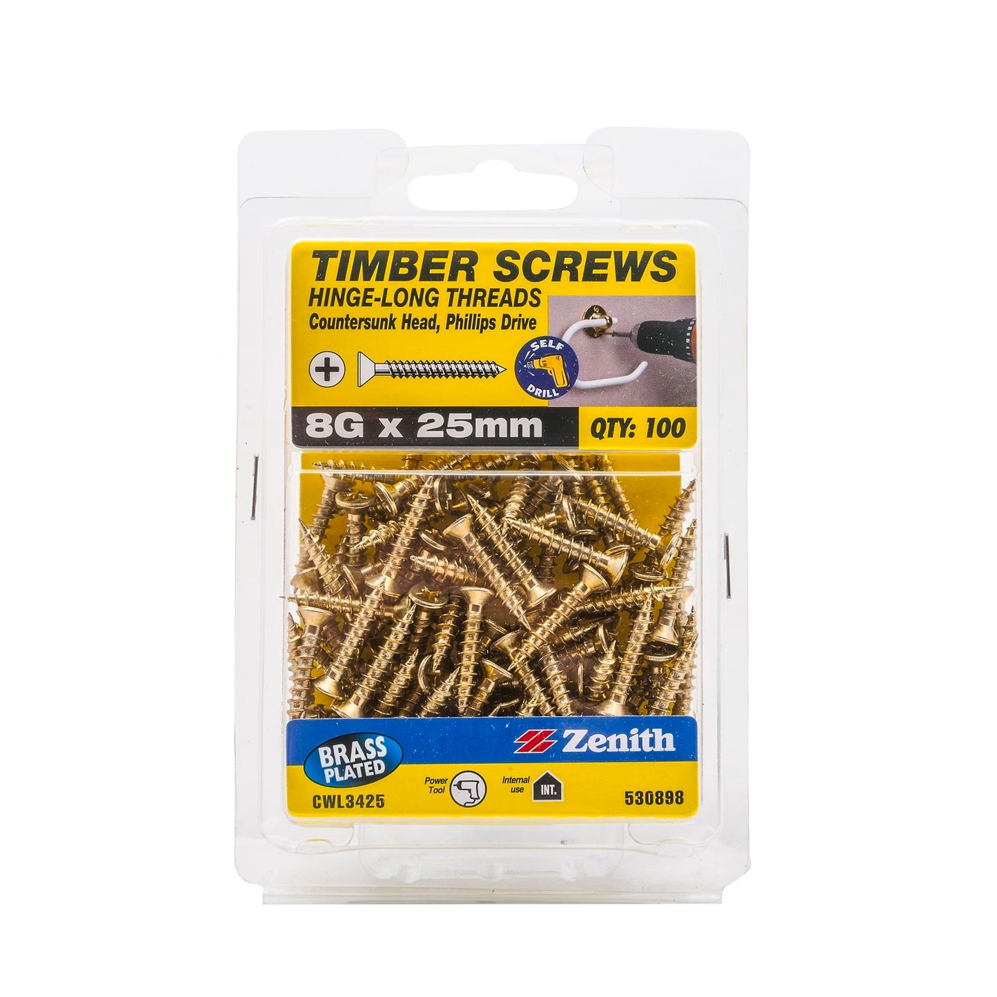 Zenith Brass Plated Hinge Screws - 8g x 25mm - 100 Pack