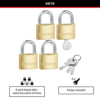 Master Lock 40mm Brass Keyed Padlock 4 Pack - Rust Resistant