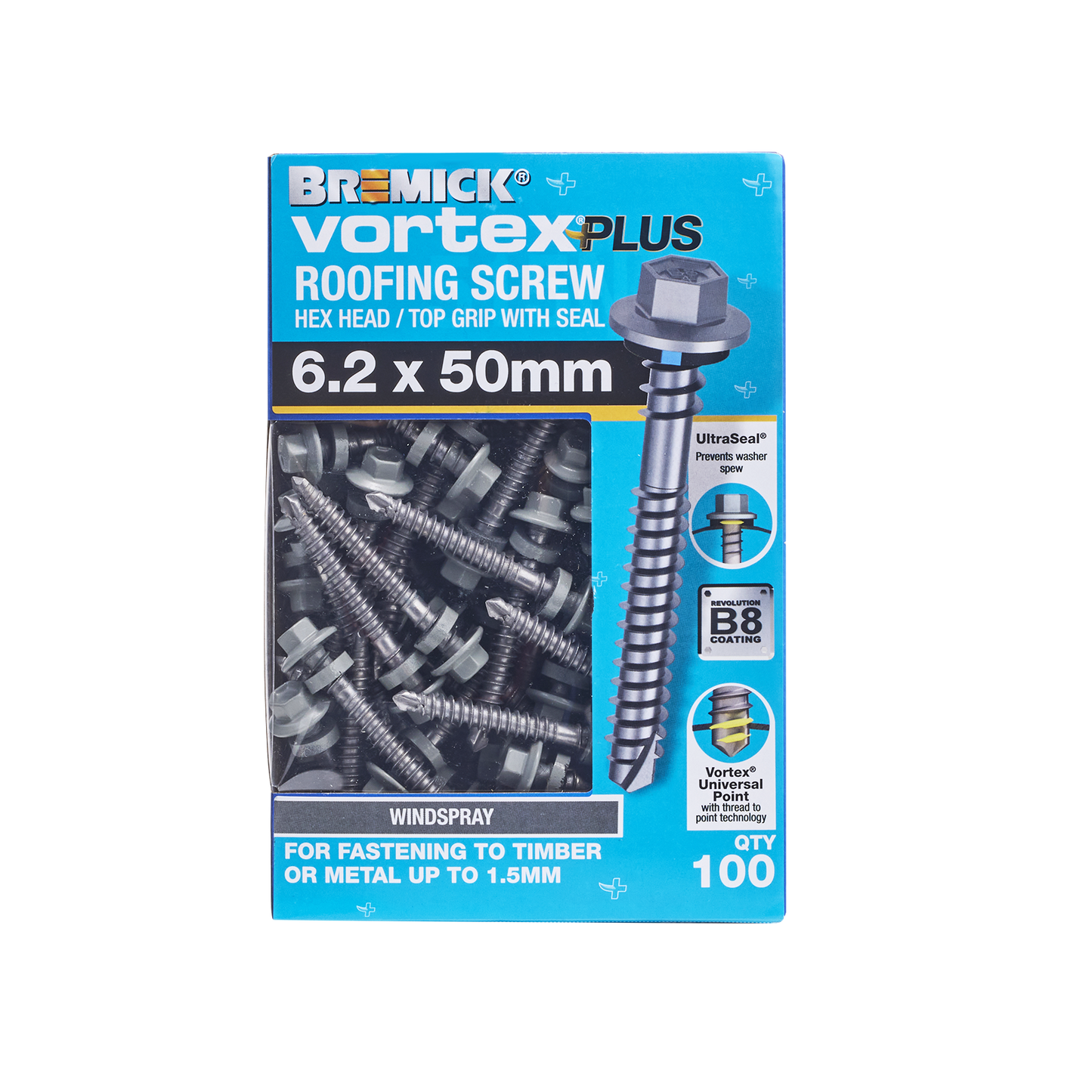 Bremick Vortex Plus Roofing Screw - 6.2 x 50mm - Hex B8 - 100 Pack