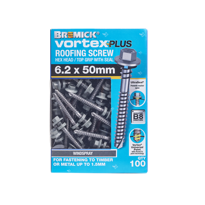 Bremick Vortex Plus Roofing Screw - 6.2 x 50mm - Hex B8 - 100 Pack