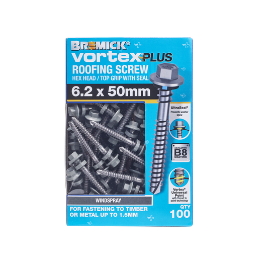 Bremick Vortex Plus Roofing Screw - 6.2 x 50mm - Hex B8 - 100 Pack