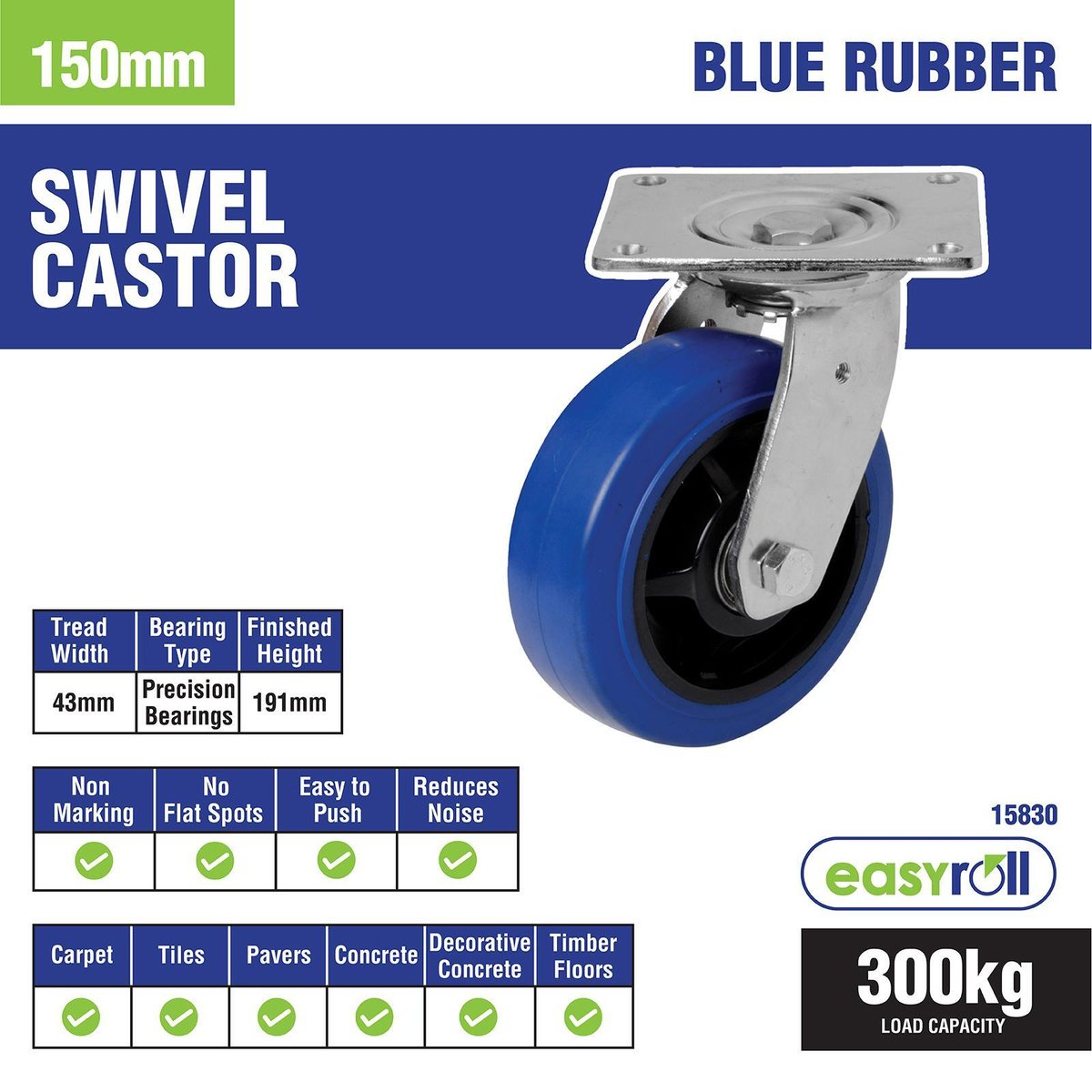 Easyroll 150mm Blue Elastic Rubber Heavy Duty Swivel Plate Castor