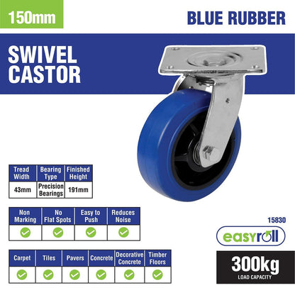 Easyroll 150mm Blue Elastic Rubber Heavy Duty Swivel Plate Castor